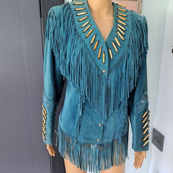 Cowgirl Core Tony Lama Teal Suede Western Jacket Beads Fringe VTG RARE - Picture 2 of 12
